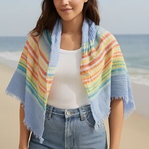 Rainbow Stripe Crinkle Scarf 75x25 Lightweight Blue Yellow Coral Coastal